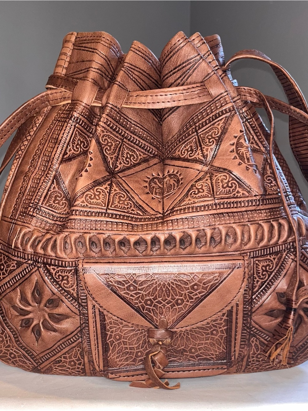 Handcrafted Brown Leather Drawstring Bucket Bag